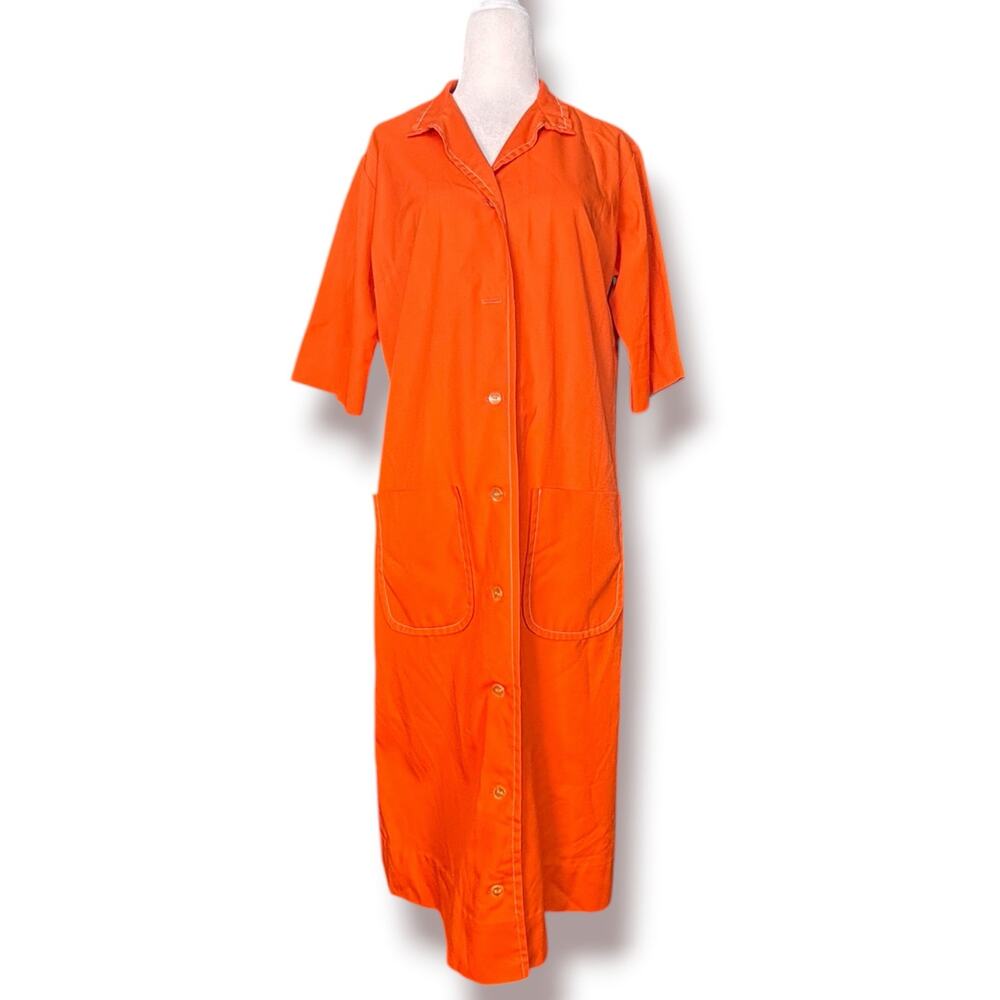 Vintage 70s House Dress Bright Orange‎ Retro Hostess Dress Mod Patch Pockets 12